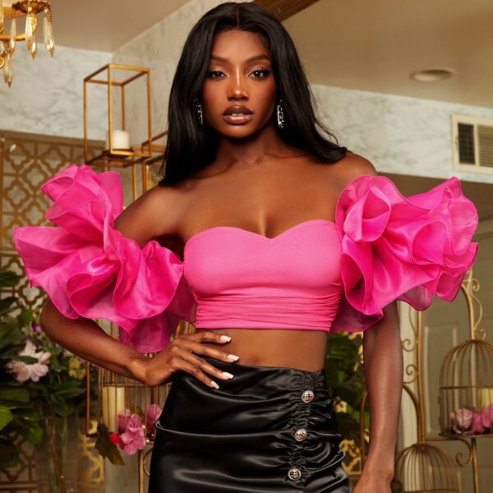 SHEIN Off Shoulder Exaggerated Ruffle Ruched Crop Top